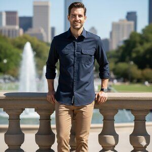 Marc Anthony Navy Blue Stretch Slim-Fit Textured Military Button-Down Shirt, XL